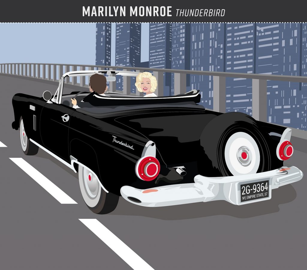 illustration of marilyn monroe in Thunderbird car